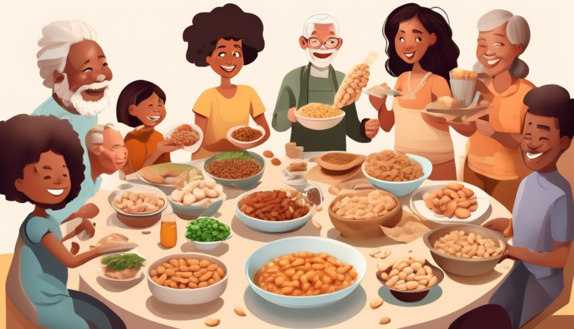 Create an image of a diverse group of people of different ages, ethnicities, and backgrounds coming together to prepare and share a meal. Each person is holding a plate of food that is free of common allergens, such as peanuts, dairy, gluten, and soy. The scene captures the joy and inclusivity of a meal that accommodates various food allergies, illustrating the importance of understanding and managing food allergy symptoms.