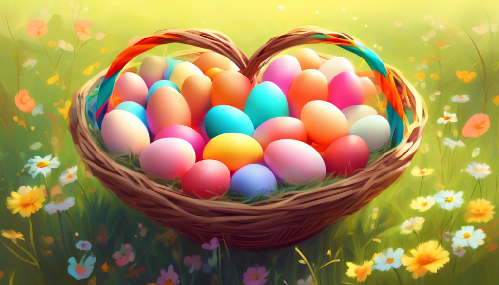 A digital painting of a heart-shaped basket filled with colorful, glowing eggs against a serene, sunny meadow background.