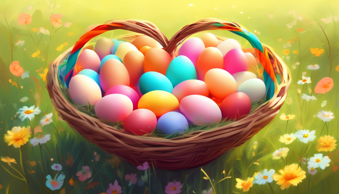 A digital painting of a heart-shaped basket filled with colorful, glowing eggs against a serene, sunny meadow background.