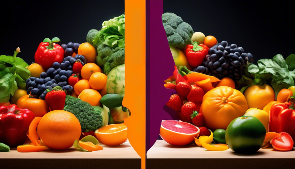 Create an image of a split screen showcasing the contrast between The Good and The Bad aspects of Vitamin C. On the Good side, depict a vibrant and colorful assortment of fruits and vegetables rich in Vitamin C, such as oranges, bell peppers, and strawberries. On the Bad side, illustrate the negative consequences of excessive Vitamin C consumption, like gastrointestinal issues or kidney stone formation. Use creative visuals to effectively convey the dual nature of Vitamin C discussed in the article.