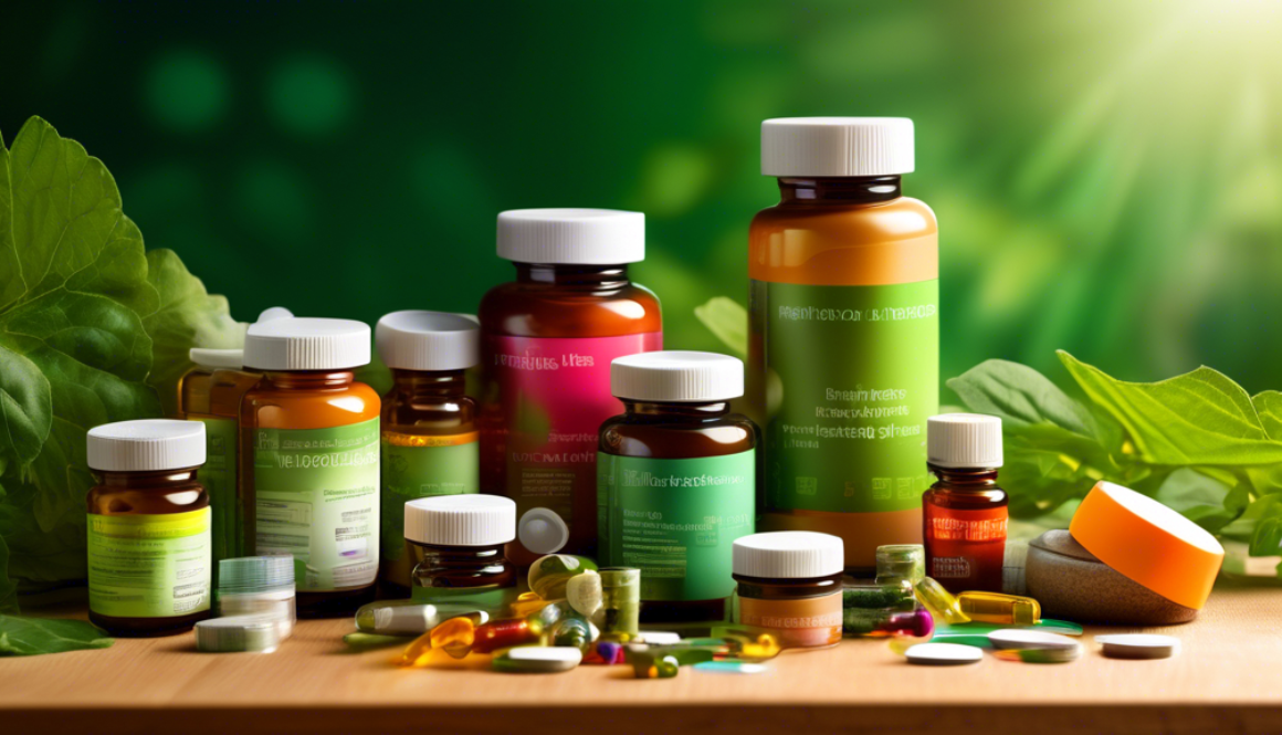 An assortment of vibrant, natural herbal and nutraceutical supplements scattered on a sleek wooden table, under a soft, glowing light, with a measure tape loosely coiled around them, and a faded background of green foliage to emphasize wellness and weight loss.