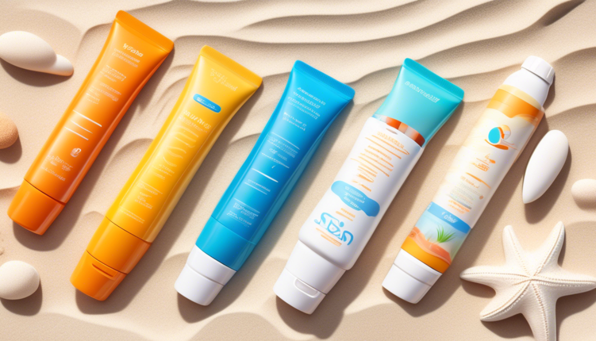 Create an image of a variety of sunscreen sticks lined up next to each other, each labeled with different SPF levels. The background should feature a sunny beach scene with crystal clear blue water and white sands, emphasizing the importance of sun protection.