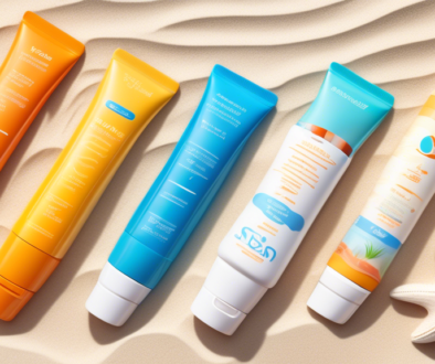 Create an image of a variety of sunscreen sticks lined up next to each other, each labeled with different SPF levels. The background should feature a sunny beach scene with crystal clear blue water and white sands, emphasizing the importance of sun protection.