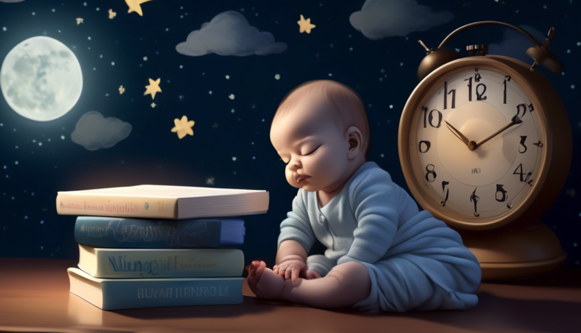 A peacefully sleeping baby in a moonlit nursery, with a clock showing nighttime and a series of baby sleep training books neatly stacked on a nearby table.