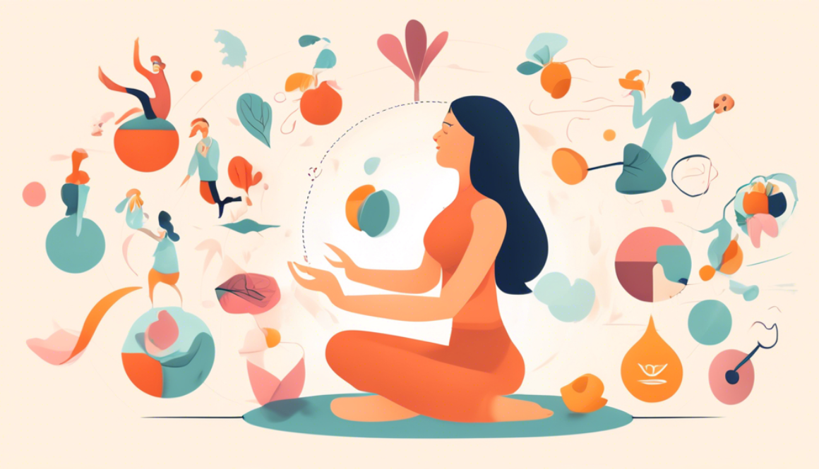 Create an image of a person juggling different responsibilities and stressors, such as work, relationships, and personal struggles, while also practicing self-care activities like meditation, exercise, and healthy eating. The person should have a determined and focused expression, symbolizing the balance between managing stress and prioritizing self-care in the face of a diagnosis like IBS.