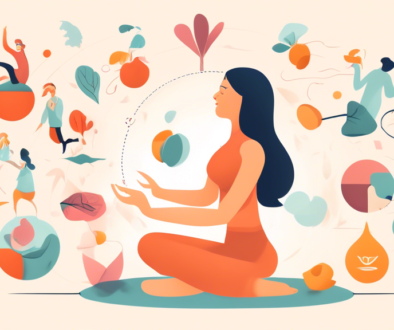 Create an image of a person juggling different responsibilities and stressors, such as work, relationships, and personal struggles, while also practicing self-care activities like meditation, exercise, and healthy eating. The person should have a determined and focused expression, symbolizing the balance between managing stress and prioritizing self-care in the face of a diagnosis like IBS.