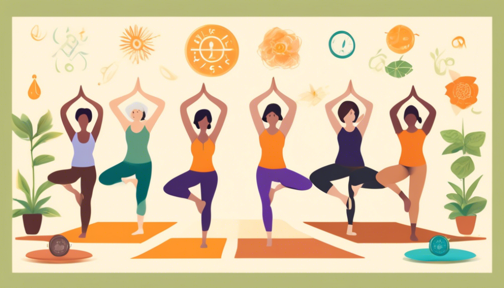 A serene, sunny yoga studio filled with diverse people of all ages gracefully holding a sequence of 8 balance-improving yoga poses, each surrounded by symbols of longevity like a tortoise, clock, and healthy plants, under a banner that reads 'Path to Ageless Vitality'.