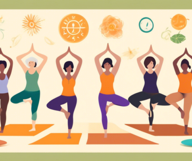 A serene, sunny yoga studio filled with diverse people of all ages gracefully holding a sequence of 8 balance-improving yoga poses, each surrounded by symbols of longevity like a tortoise, clock, and healthy plants, under a banner that reads 'Path to Ageless Vitality'.