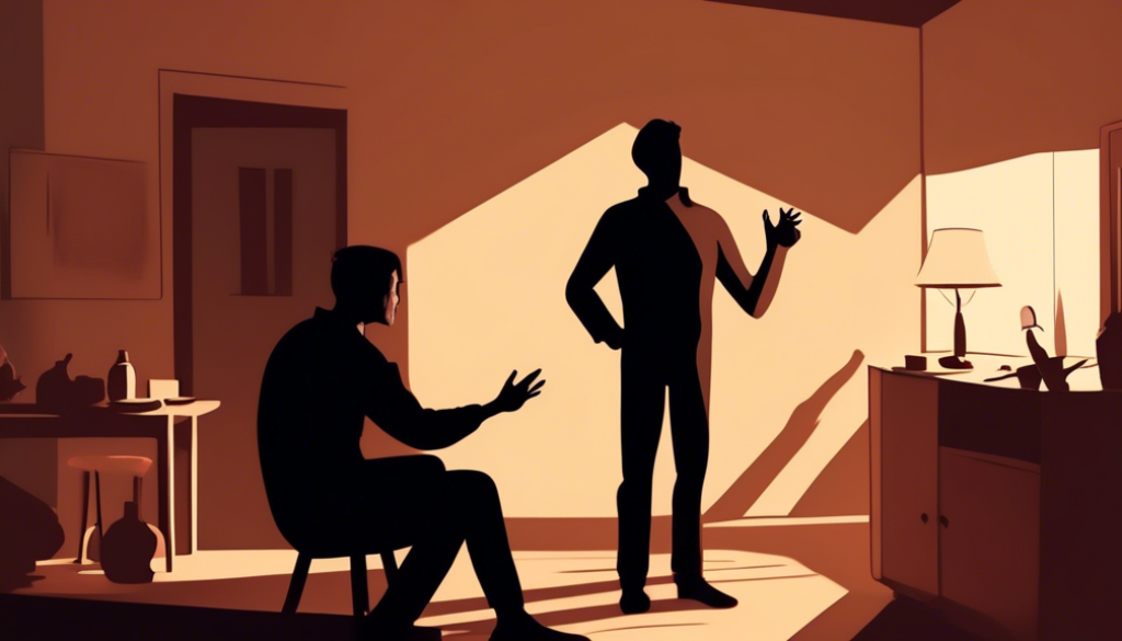 Create an image of a person looking visibly upset while another person points accusingly at them, with a shadow of a large guilt-inducing finger looming over the scene. The setting should be inside a cozy living room with warm lighting to convey a sense of emotional manipulation in a subtle yet powerful way.