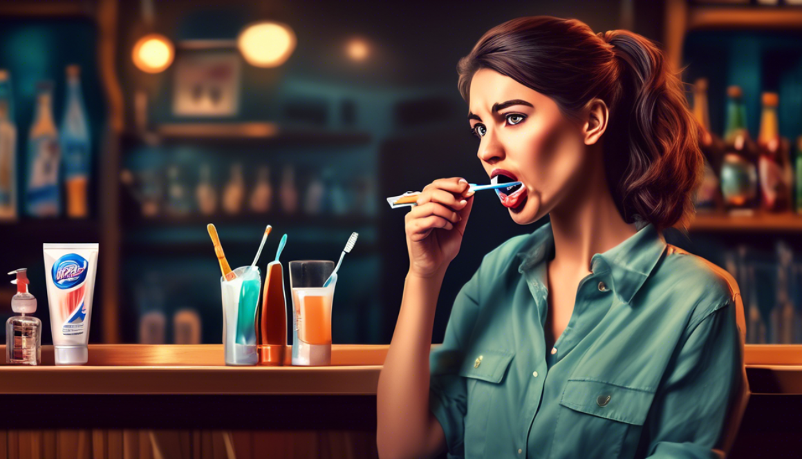 Create an image of a person at a bar, holding a drink in one hand and a toothbrush in the other hand, with a concerned expression on their face. The background should show various dental hygiene products like toothpaste, floss, and mouthwash. There should be a dental professional nearby, gesturing towards the teeth and providing advice on protecting teeth while drinking alcohol.