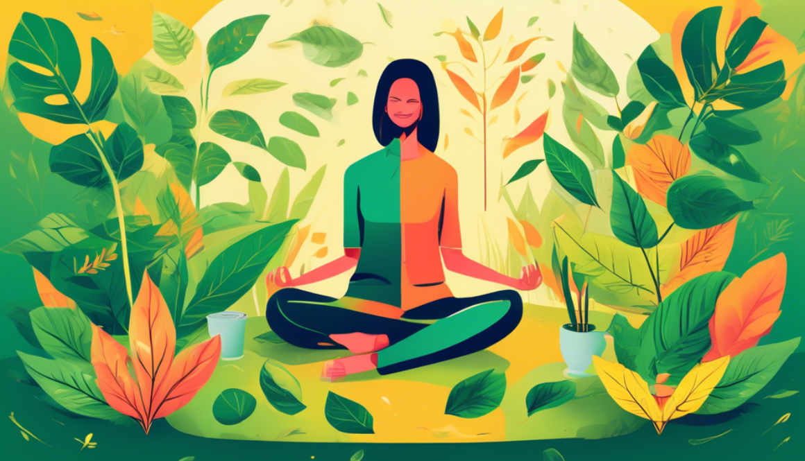 An illustration depicting a person sitting in a serene garden, surrounded by Kratom leaves, with visual icons representing health benefits like pain relief, energy boost, and relaxation floating around them.