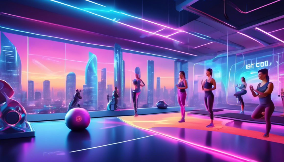 Create an image of a futuristic, high-tech fitness center with holographic personal trainers, interactive VR workout stations, and robot-assisted yoga classes, set against a skyline of a smart city in 2024.