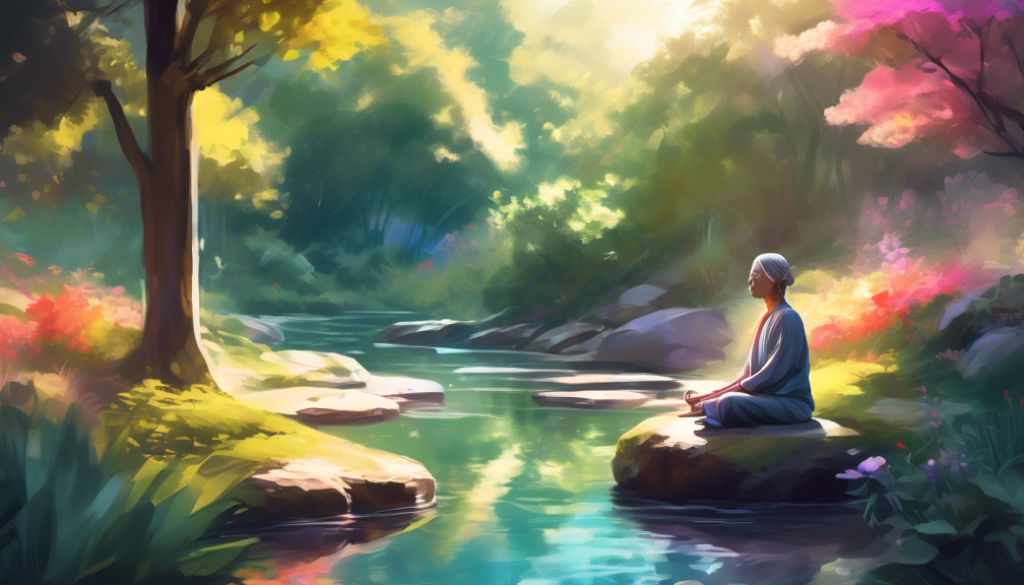 A serene digital painting of a person meditating in a tranquil garden surrounded by nature, with soft sunlight filtering through trees and a gentle stream flowing nearby, embodying peacefulness and stress relief for the year 2024.