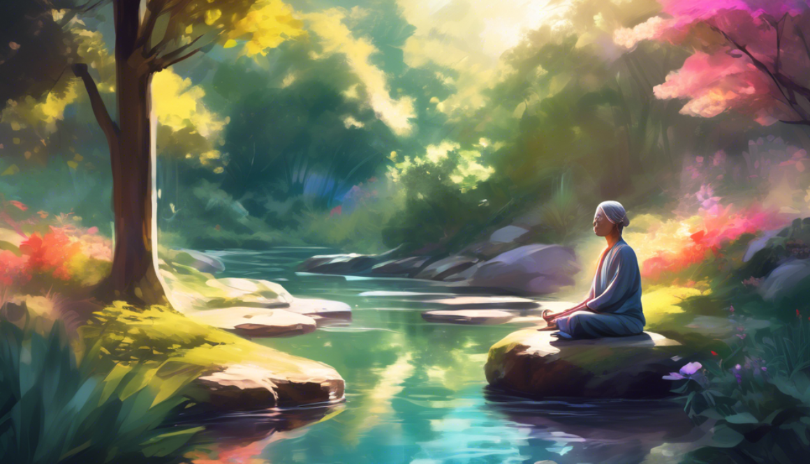 A serene digital painting of a person meditating in a tranquil garden surrounded by nature, with soft sunlight filtering through trees and a gentle stream flowing nearby, embodying peacefulness and stress relief for the year 2024.