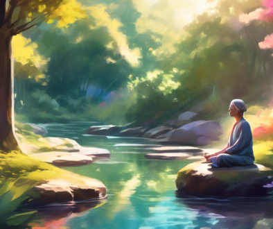 A serene digital painting of a person meditating in a tranquil garden surrounded by nature, with soft sunlight filtering through trees and a gentle stream flowing nearby, embodying peacefulness and stress relief for the year 2024.